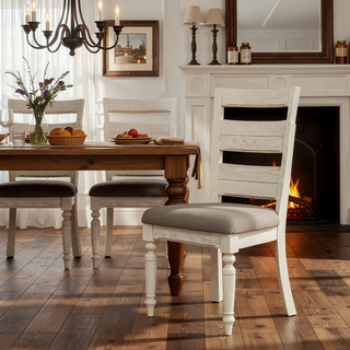 Sunvega Whitewash Finish Ladder Back Side Chair with Padded Taupe Fabric Seat Set of 2