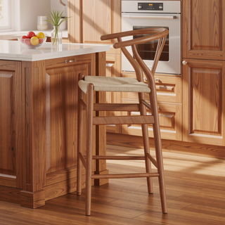 Sunvega Mid-Century Wishbone Barstool with Woven Papercord Seat Fully Assembled Walnut