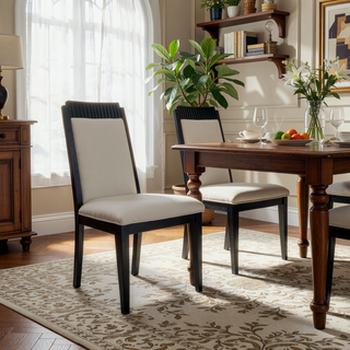 Sunvega Modern Wood Dining Side Chair with Black Frame and Ivory Upholstery Set of 2