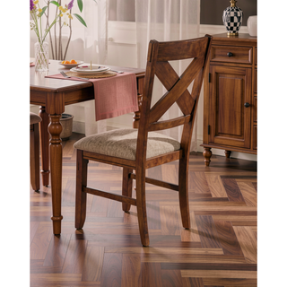 Sunvega Solid Rubberwood X-Back Dining Chairs with Textured Tan Fabric Seats
