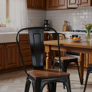 Sunvega High Gloss Black with Walnut Wooden Seat Industrial Metal Dining Chairs Set of 4