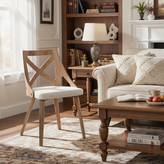 Sunvega Farmhouse Dining Chair with White Washed Wood and Cream Noise Fabric - Set of 2