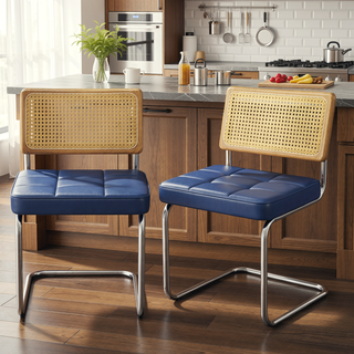 Sunvega Modern Rattan Dining Chairs Set of 2 with Faux Leather Seat and Wood Back
