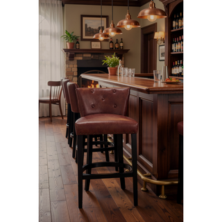 Sunvega Brown Wooden Bar Stools with Cow Top Leather Upholstered Seat and Backs