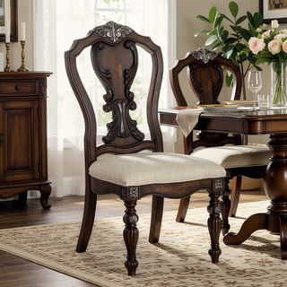 Sunvega Traditional Dark Brown Solid Wood Side Chair with Ornate Corbels