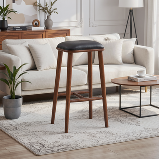 Sunvega Mid-Century Modern PU Leather Bar Stool with Solid Wood Structure