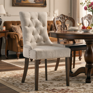 Sunvega Beige and Weathered Oak Tufted Back Parson Chairs with Sturdy Wood Legs