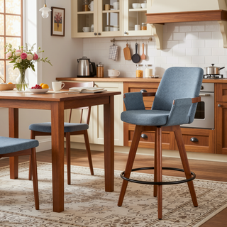Sunvega Mid-Century Modern Cosmo Counter Stool with Blue Noise Fabric and Walnut