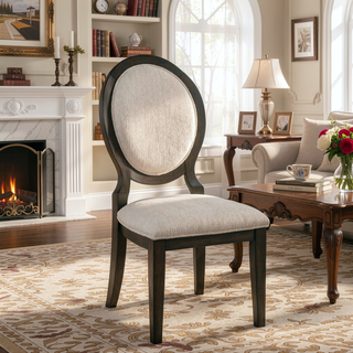 Sunvega Dark Cocoa Oval Back Dining Side Chair with Cream Chenille Upholstery and Welt Trim