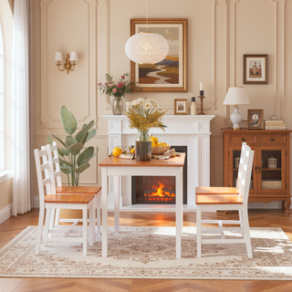 Sunvega Rustic Pine Wood Dining Table Set with Four High Back Chairs for Small Spaces