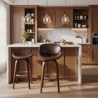 Sunvega Mid-Century Modern Swivel Barstool with Faux Leather Upholstery and Walnut Frame