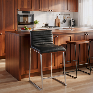 Sunvega Mason Mara Contemporary Fixed-Height Counter Stool with Faux Leather and Walnut Wood