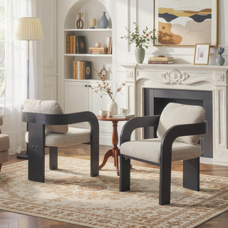 Sunvega Dining Chairs with Pillow Back, Natural Rubber Wood Frame and Beige Fabric, 2-Pack