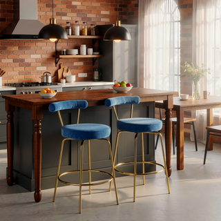 Sunvega Gold Metal Frame and Blue Velvet Upholstery Counter Stool Set of 2