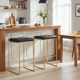 Sunvega Glam Contemporary Barstool with Black Faux Leather and Gold Frame Set of 2