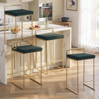 Sunvega Gold Metal Frame Green Velvet Cushion Stackable Counter Stool Set of 3