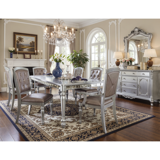 Sunvega Silver Finish Rectangular Dining Table with Mirror Trim and Draw Leaf
