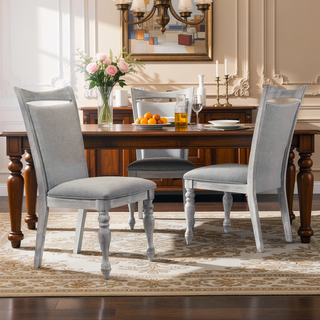 Sunvega Set of 2 Rustic White Rubberwood Dining Chairs with Gray Upholstery