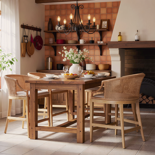 Sunvega Handcrafted Natural Rattan Counter Stool with Soft Linen Upholstery and Solid Wood Legs