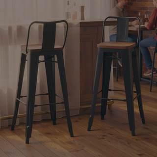 Sunvega Industrial Metal and Wood Bar Stool Set of 2 with Curved Back and Footrest