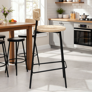 Sunvega Hand Woven Paper Rope Bar Stools with Backrest and Footrest for Kitchen Island