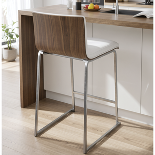 Sunvega Modern Mara Counter Stool with Faux Leather Seat and Stainless Steel Legs Set of 2
