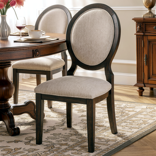 Sunvega Dark Cocoa Oval Back Dining Side Chair with Cream Chenille Upholstery and Welt Trim