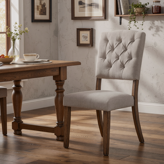 Sunvega Beige Linen Upholstered Transitional Side Chairs with Tufted Back and Tapered Legs
