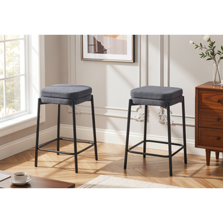 Sunvega Set of 2 Grey Fabric Barstools with Black Metal Legs for Counter Height