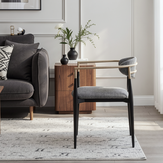 Sunvega Mistra Grey Upholstered Dining Arm Chair with Black Base and Gold Arms