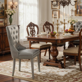 Sunvega Champagne Faux Leather Upholstered Dining Chairs with Tufted Backrest
