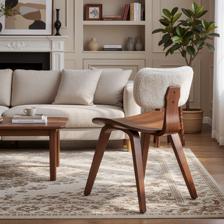 Sunvega Modern Upholstered Back Boucle Side Chair with Walnut Legs Set of 2