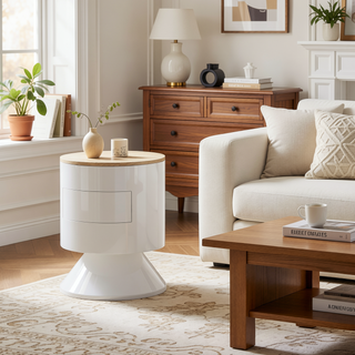 Sunvega White High Gloss Modern Drum Nightstand with Single Drawer for Bedroom