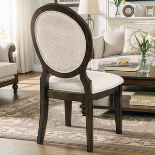 Sunvega Dark Cocoa Oval Back Dining Side Chair with Cream Chenille Upholstery and Welt Trim