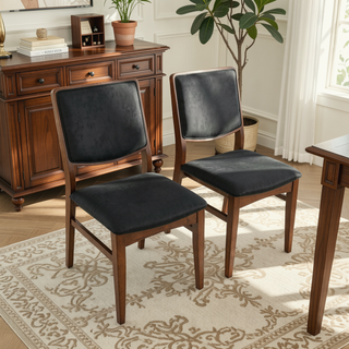 Sunvega Mid-Century Modern Walnut Finished Solid Wood Vegan Leather Upholstered Dining Chairs Set of 2