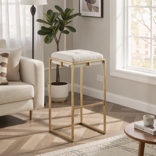 Sunvega Beige and Gold Tufted Cushion Stools with Square Design for Modern Interiors
