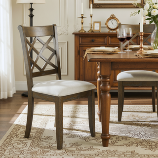 Sunvega Farmhouse Lattice Back Side Chairs in Beige and Rustic Oak Set of 2