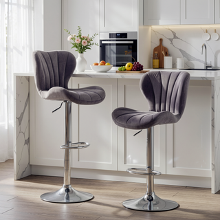 Sunvega Gray Upholstered Adjustable Swivel Barstools with Bucket Seat in Set of 2