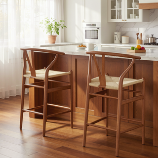 Sunvega Mid-Century Wishbone Barstool with Woven Papercord Seat Fully Assembled Walnut