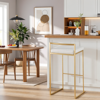 Sunvega Gold and White Faux Leather Upholstered Fixed Bar Height Barstool Set