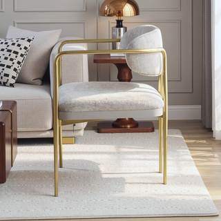 Sunvega Beige Chenille and Gold Arm Chair Set with Metal Legs and Marble Top