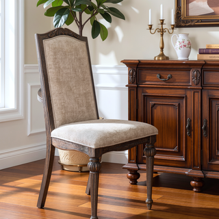 Sunvega Rustic Style 2pc Side Chair with Upholstered Seat and Intricate Wood Inlay Detail
