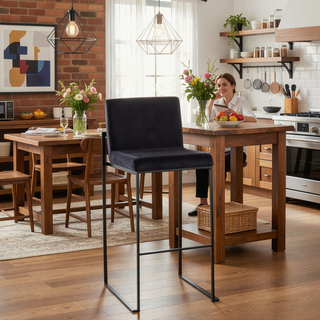 Sunvega Contemporary High Back Barstool with Black Steel Frame and Black Velvet Upholstery