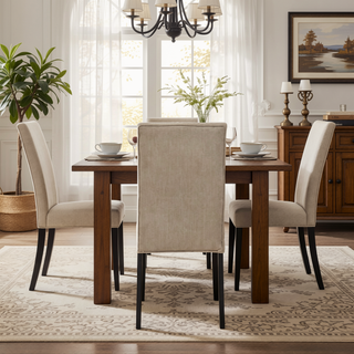 Sunvega Tan Linen Upholstered Button Tufted Parson Chairs with Wooden Legs Set of 2