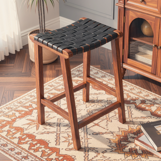 Sunvega Mid-Century Modern Genuine Leather Upholstered Walnut Wood Bar Stool