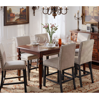 Sunvega Natural Linen Blend Upholstered Counter Dining Chair Set with Antique Gray Wood Legs