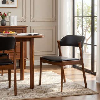 Sunvega Enzo Mid-Century Modern Black PU Leather Dining Chair Set Of 2 with Walnut Base