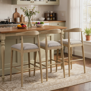 Sunvega Mid Century Modern Bar Stools with Puffy Fabric Seat and Footrest Set of 2