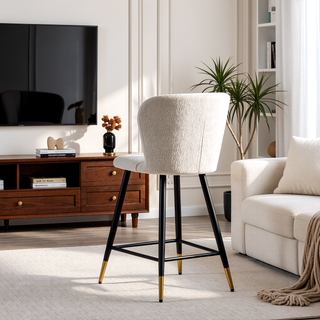 Sunvega Modern Barstool with White Fabric Seat and Black Gold-Tipped Metal Legs