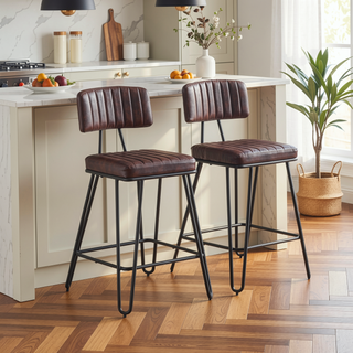 Sunvega Industrial Vintage PU Leather Bar Stools Set of 2 with Backrest